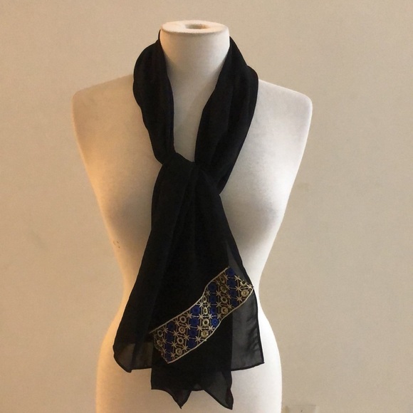 Long Sheer Black Poly Floral Lace Scarf. w. 5" Fri - Picture 1 of 3